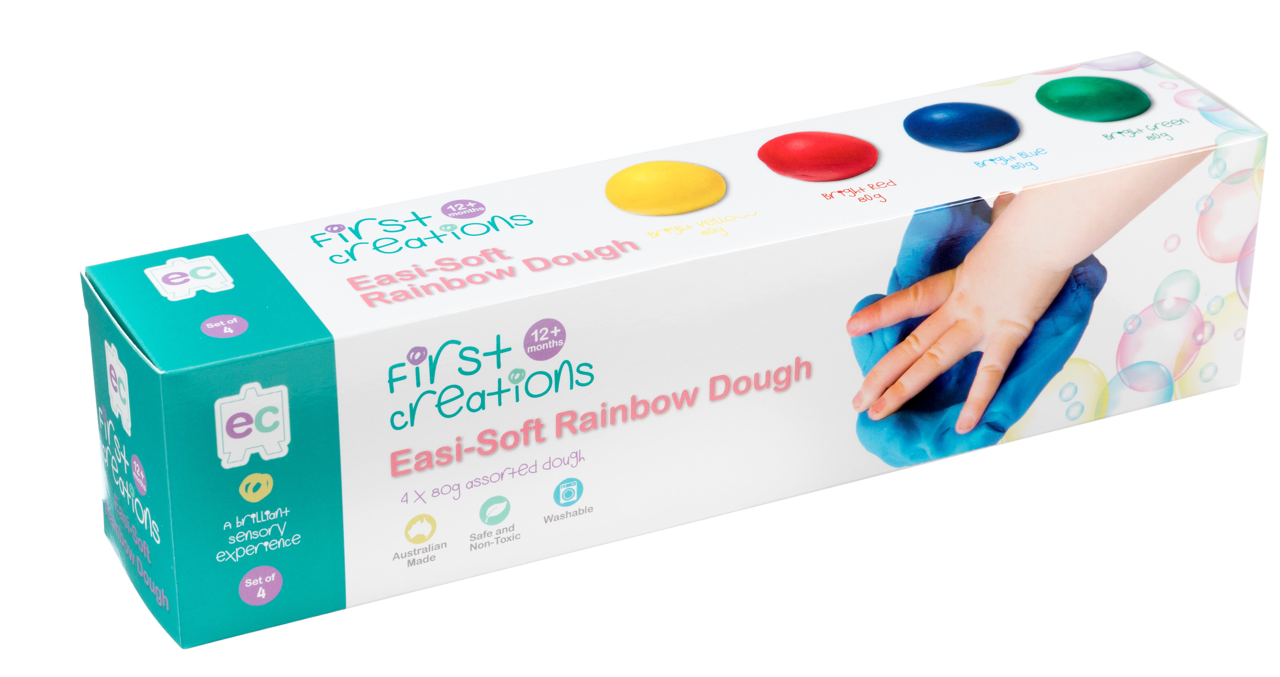First Creations Easi-Soft Modelling Dough Rainbow 4 Pack This First Creations Easi-Soft Modelling Dough is perfect for early learners who are developing their fine motor skills and creativity. The dough is designed to be soft and easily mouldable, plus it comes in a variety of bright colours to brighten up your day.