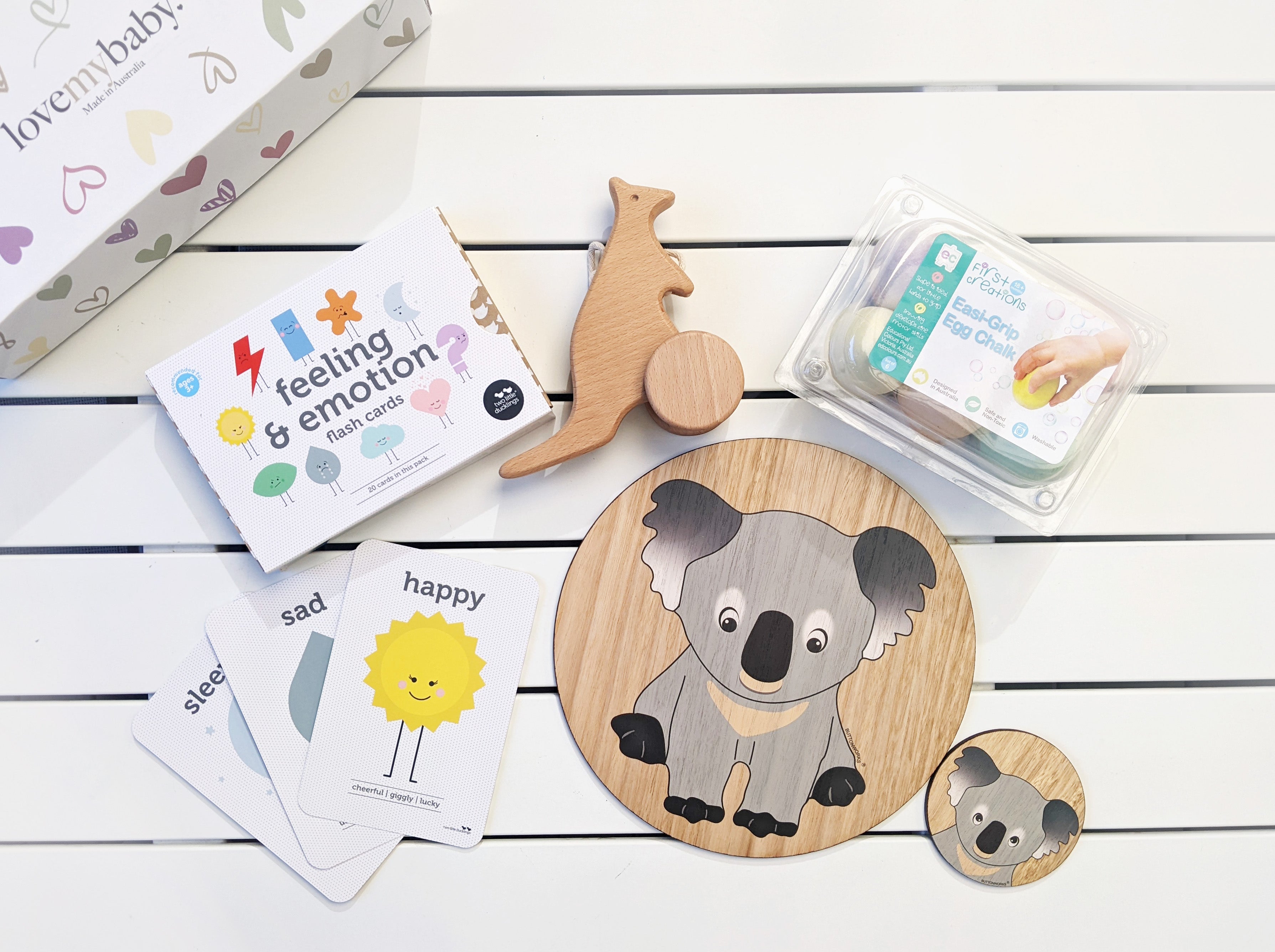 Happy Baby Box - Egg chalk, feelings and emotions flash cards, kangaroo pull-toy, koala design placemat and coaster